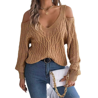 Autumn and winter casual solid color Fried Dough Twists off shoulder lantern sleeve sweater