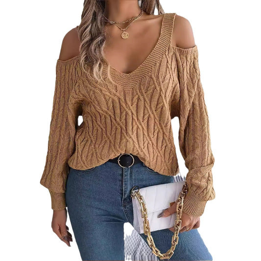 Autumn and winter casual solid color Fried Dough Twists off shoulder lantern sleeve sweater