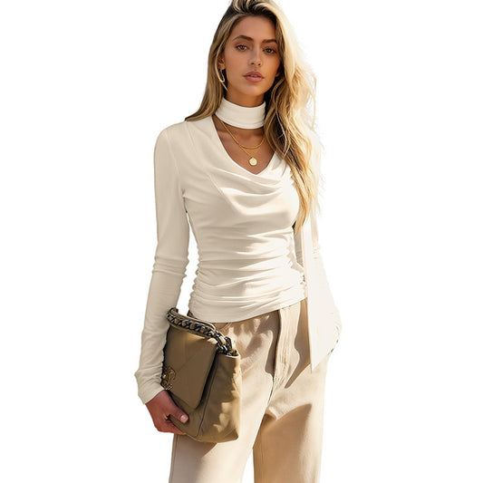 Solid Color Long Sleeve  Boat Neck Fitted   Women's T-Shirt