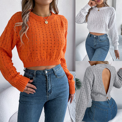 Backless button hollow long sleeved pullover sweater