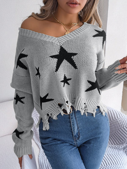V-neck star cut long sleeved knitted pullover sweater